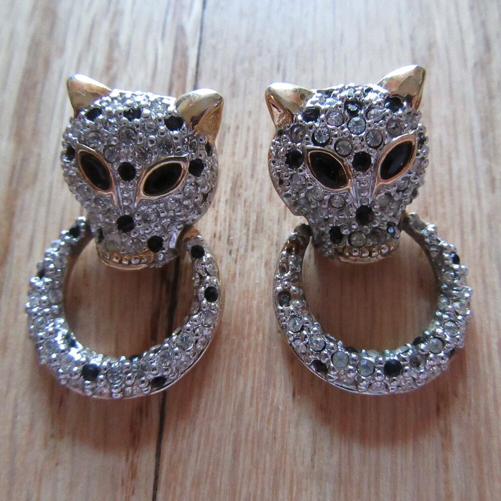 VINTAGE AFJ EARRINGS/PIERCED/CRYSTALS/TIGER/RARE!